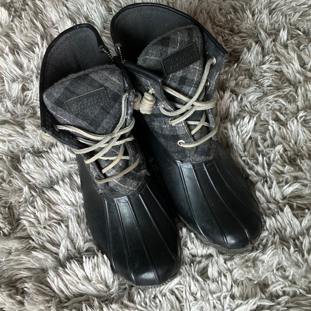 Black Sperry Rain Boots with Plaid Detail